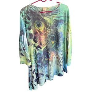 Jess & Jane Top Women 2XL Green Peacock V Neck Long Sleeve Tee Shirt Artsy USA